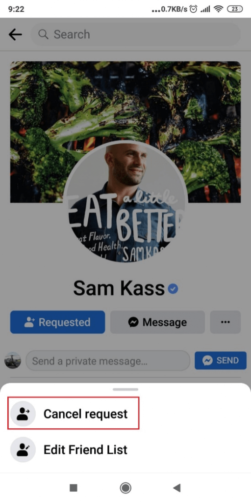 Facebook profile on mobile showing the "Cancel request" button highlighted