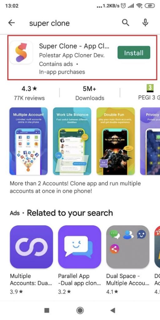 Google Play Store search results page showing the Super Clone app
