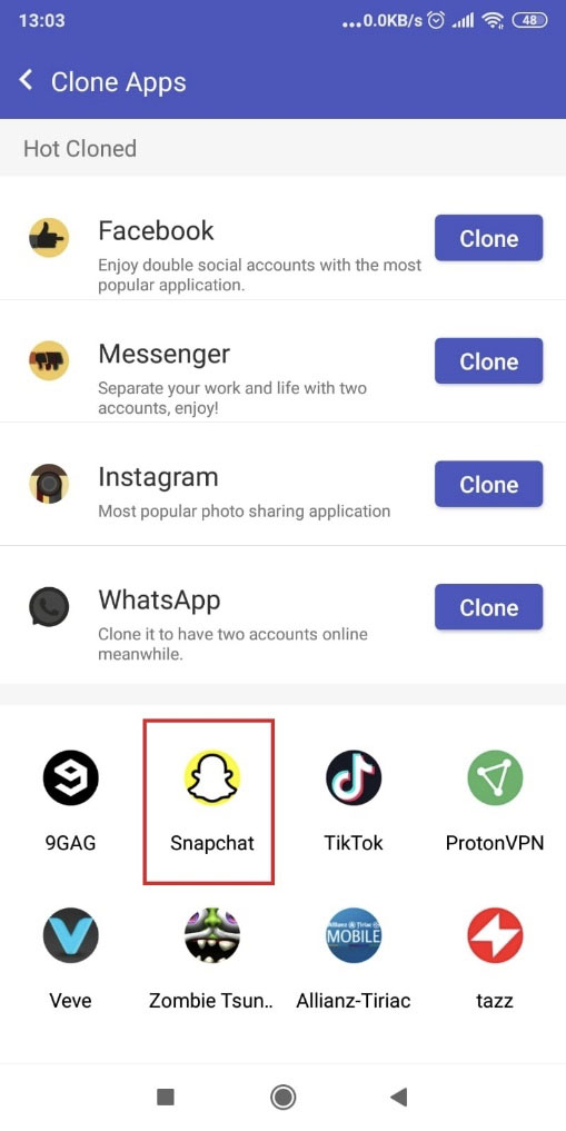 Image showing the way one can install Snapchat using the Super Clone mobile app
