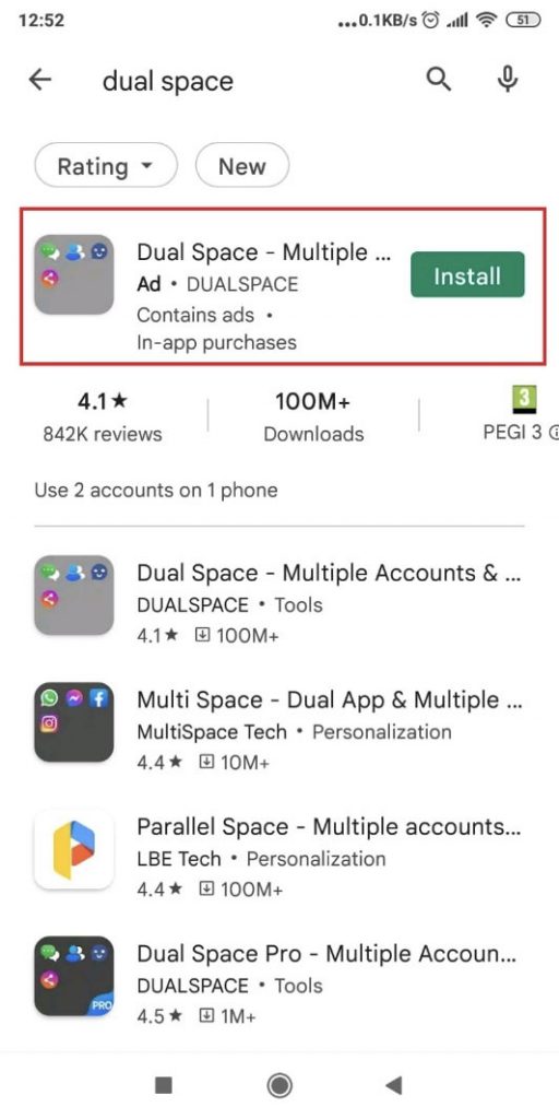 Image of a Google Play store search result showing the Dual Space app