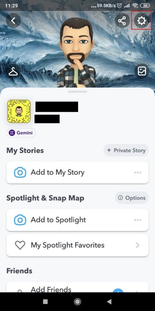Image showing a Snapchat main screen and with the Gear icon highlighted