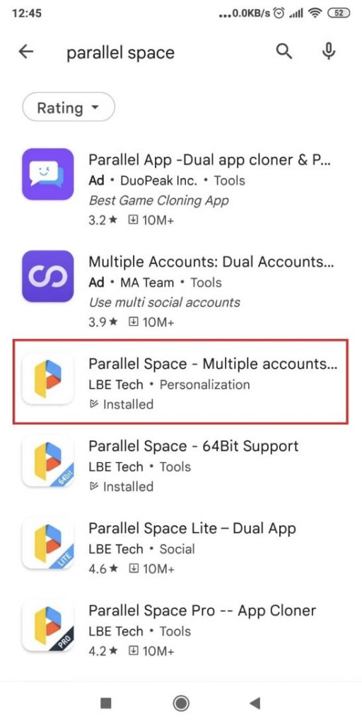 Google App store showing the "Parallel Space" app
