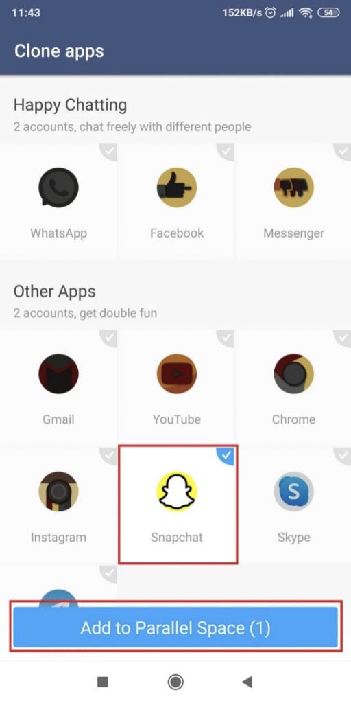 Select Snapchat from the Parallel App