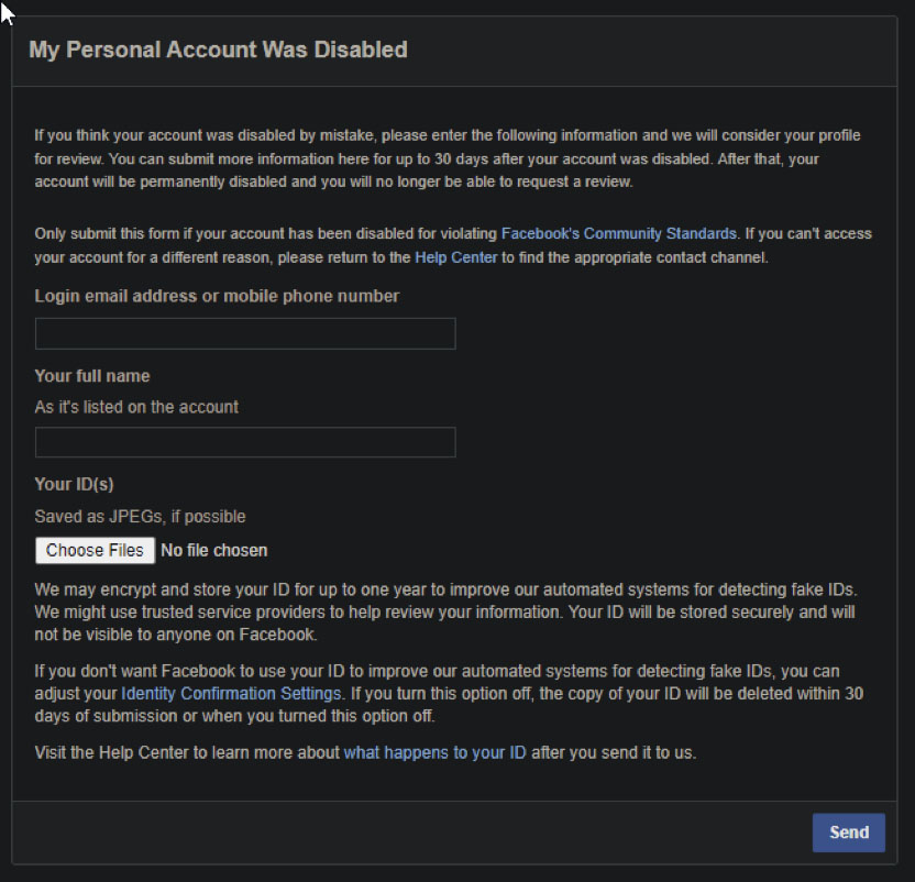 Complete form to recover disabled Facebook account