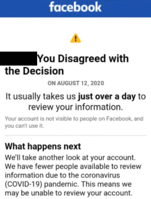 Screenshot of a message from Facebook telling the user they disagreed with a suspension.