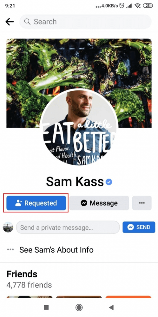 Facebook profile on mobile showing the friend request button highlighted