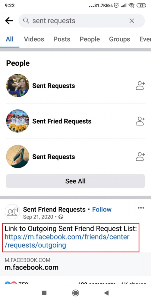 Image showing links to all outgoing friend requests on Facebook