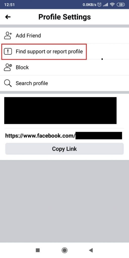 Image of a Facebook page where the "Find support or report profile" option is highlighted