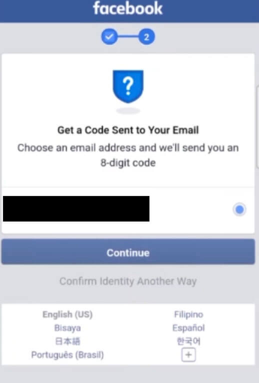Image of a Facebook page where the user can enter a login security code