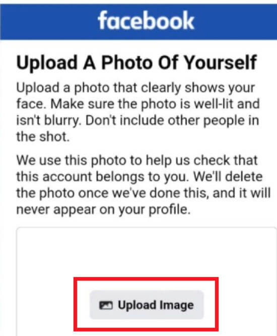 Facebook security page giving the option to upload an image of yourself on Facebook