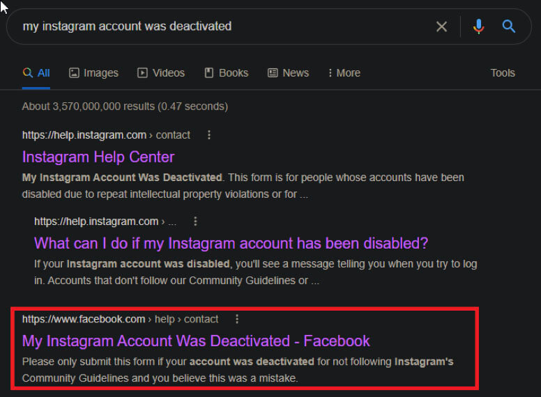 Search for “My Instagram account was deactivated” on Google
