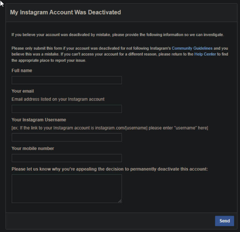 Complete "My Instagram Account Was Deactivated" Form