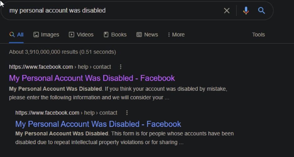 Search for “My personal account was disabled” on Google