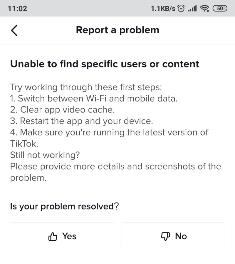 TikTok's report a problem page listing out options for users to select