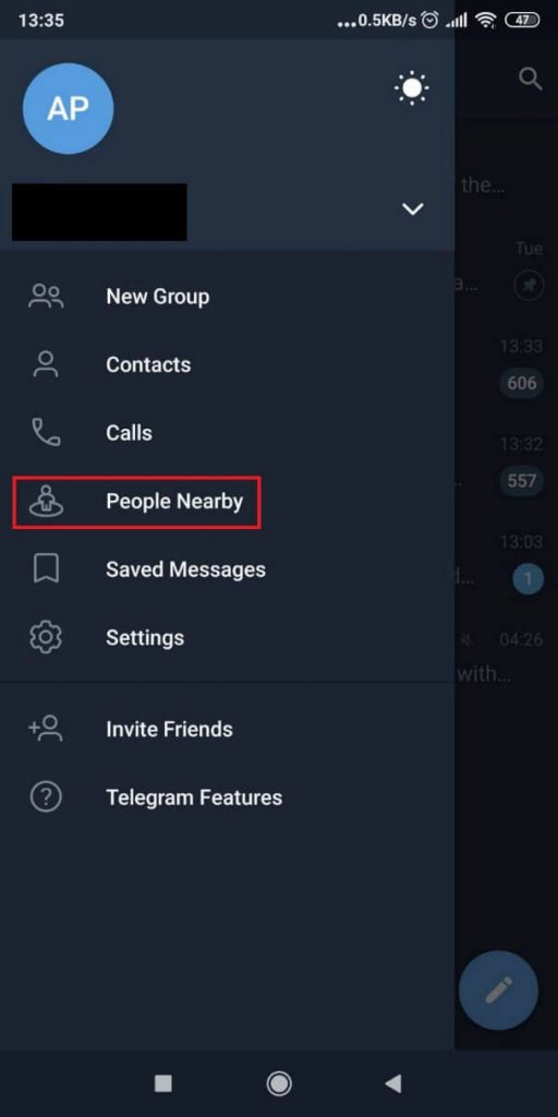 Setting's page of Telegram with the "People Nearby" menu item highlighted.