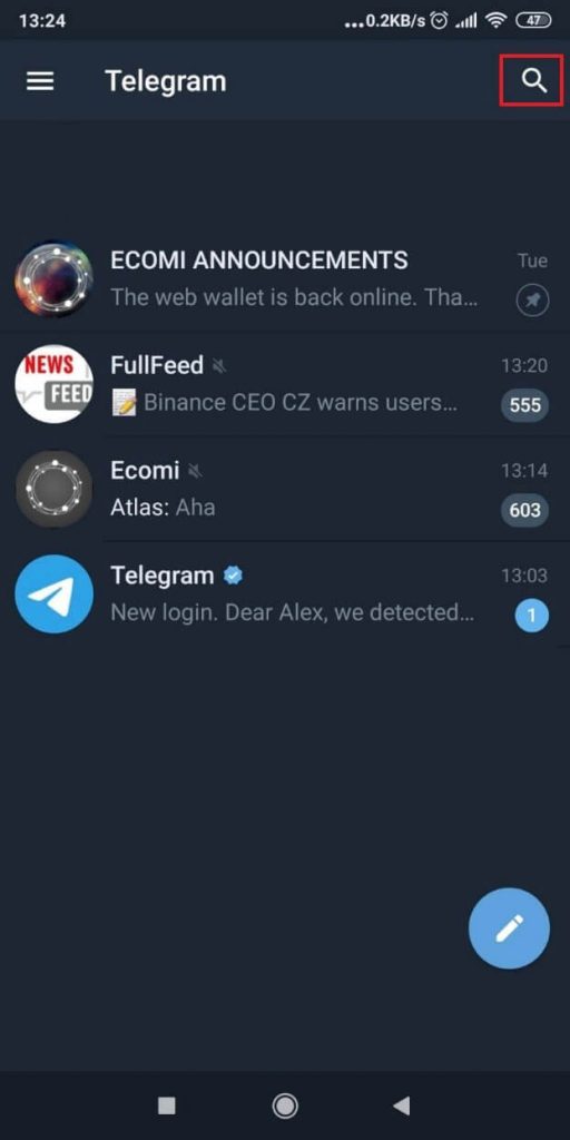 Screenshot of Telegram's home screen with the magnifying glass icon highlighted.
