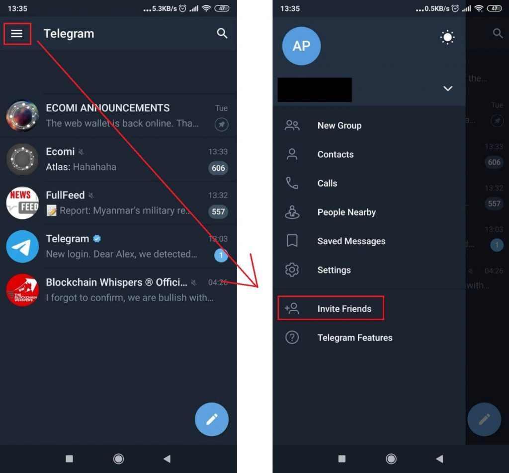 Screenshot showing how to invite friends on Telegram