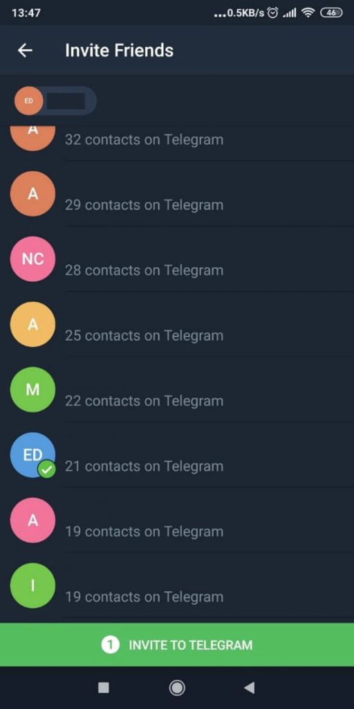 Screenshot of a page on Telegram that shows a list of friends one can invite.