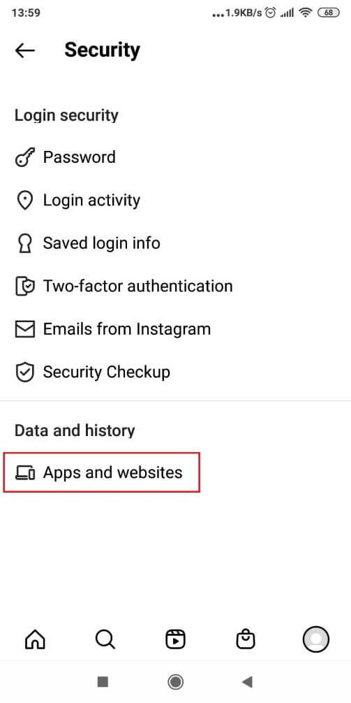 Instagram's Security page with the "Apps and websites" menu items highlighted.