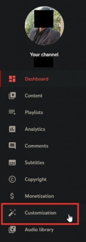 YouTube account customization menu