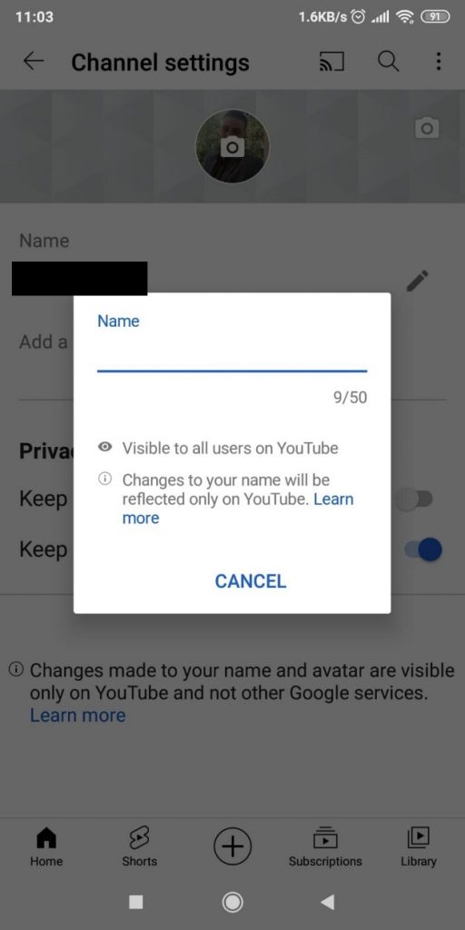 Add a new name for your YouTube channel on Android