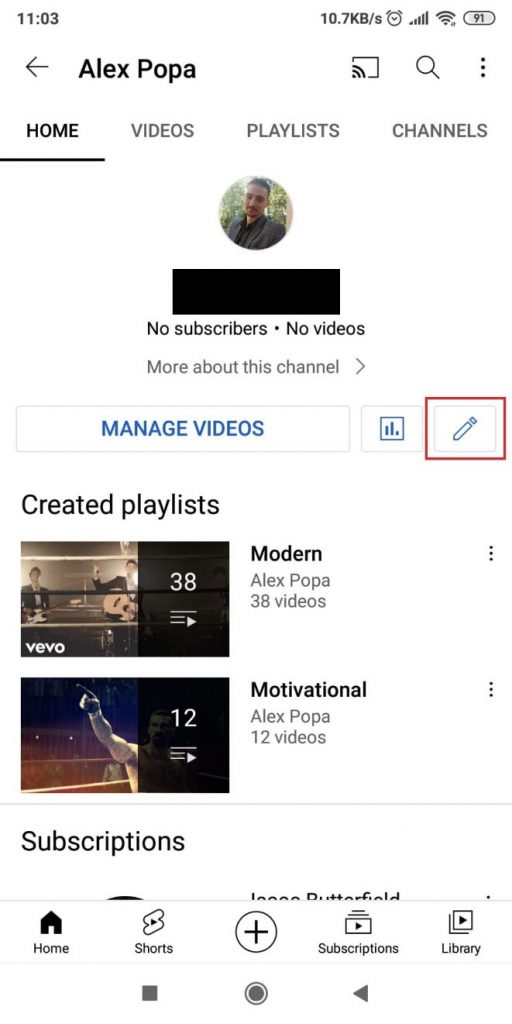 Edit your channel name on the YouTube Android app