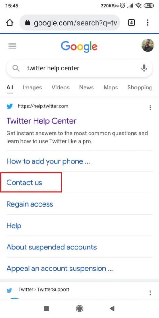 Finding the Twitter Help Center using Google search