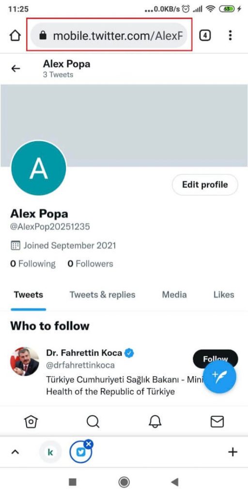 Image of a Twitter menu page that shows how to copy the URL of the user's profile