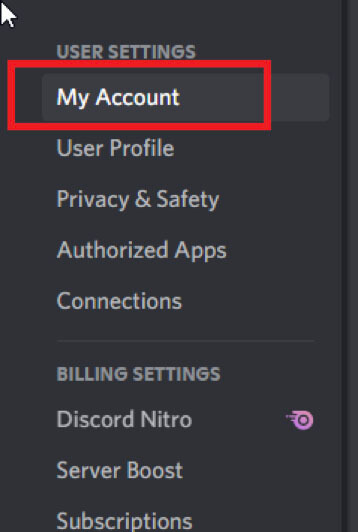 Image showing the "My Account" menu on Discord