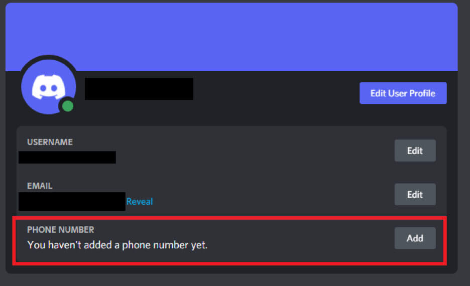 Screenshot showing how to remove the Phone Number from Discord