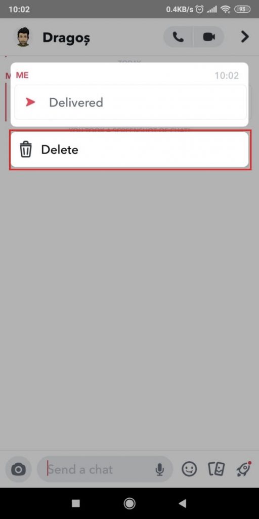 Image showing options to delete a message on Snapchat