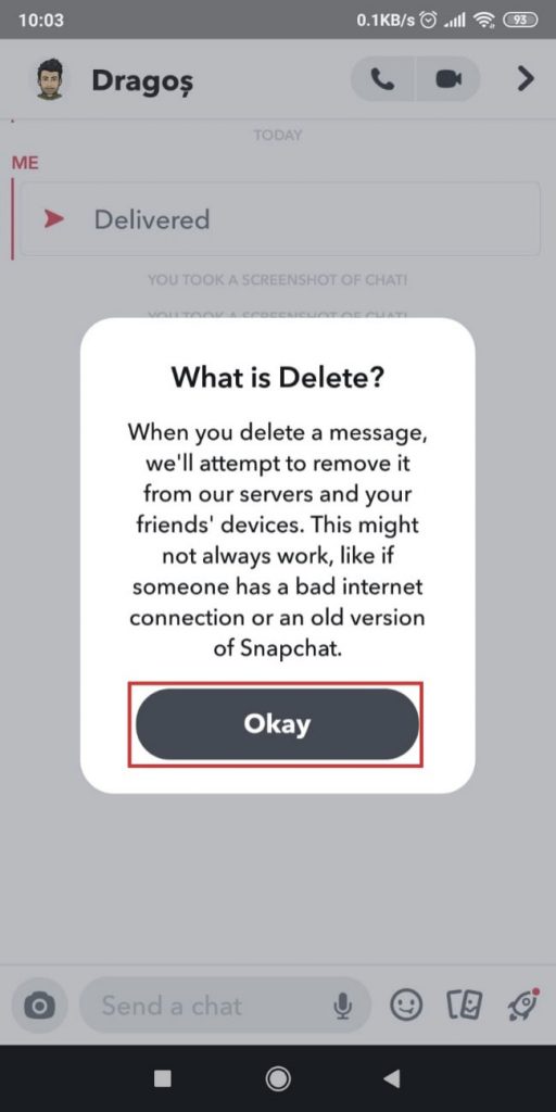 Final step in deleting a Snapchat message