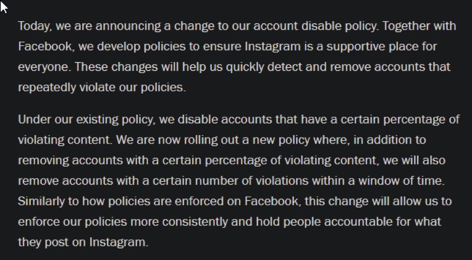 Instagram Community Guidelines message