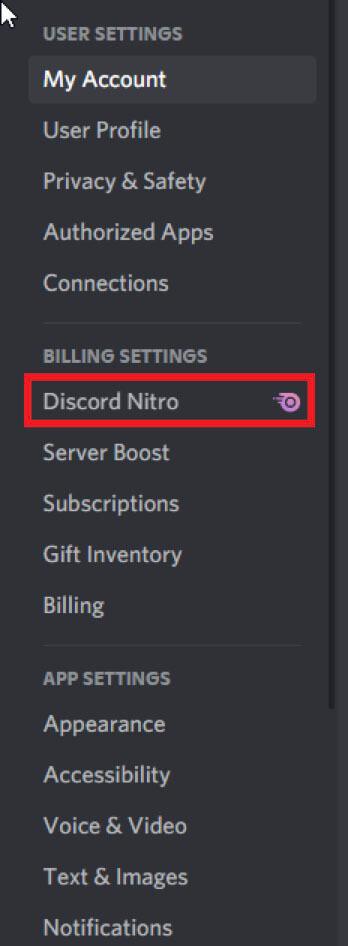 Image of Discord's Settings page where the Discord Nitro icon is highlighted