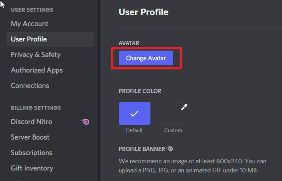 Image of Discord's user settings page showing how to change the avatar.