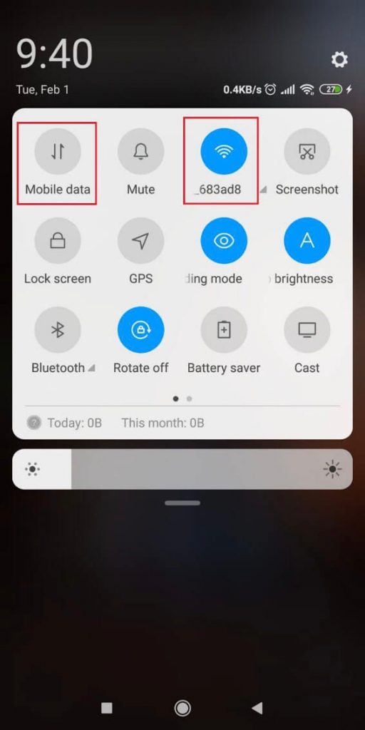 Screenshot of a phone's menu where the user can check their internet connection