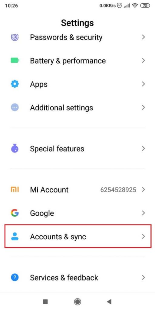 Phone settings page showing different options