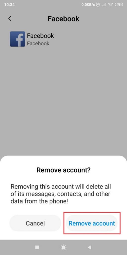 Image showing how to Tap "Remove account" to remove Facebook from your phone