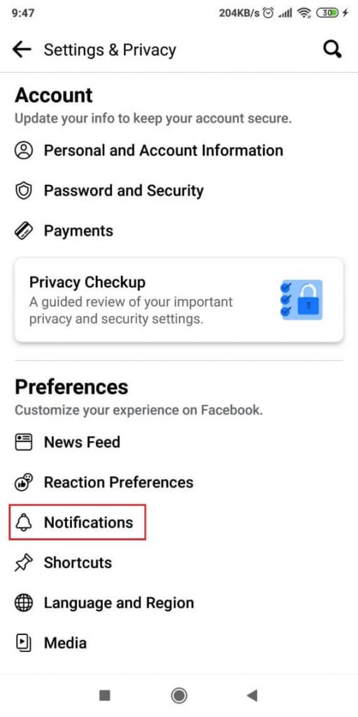 Facebook notifications page