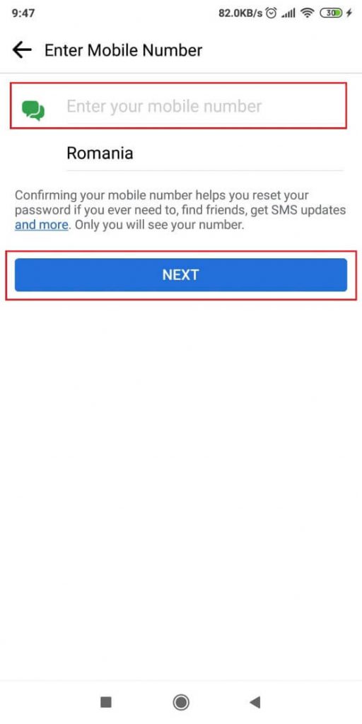 Page showing how to add a phone number to Facebook