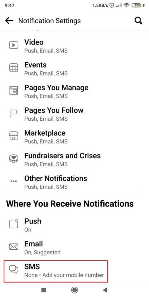 Page showing how to enable Facebook SMS notifications