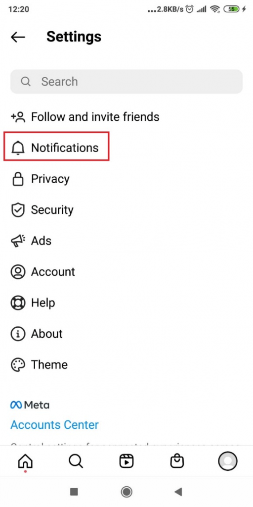 Instagram notifications menu item on the Settings page