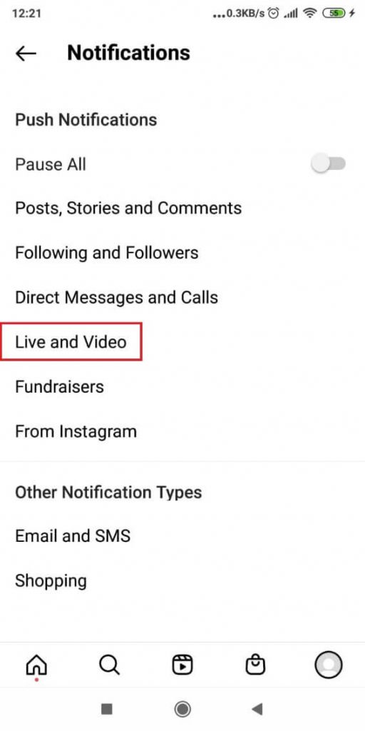 Instagram Live and Video menu