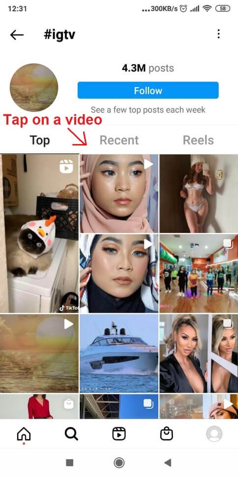 Tapping on an Instagram video on a home page