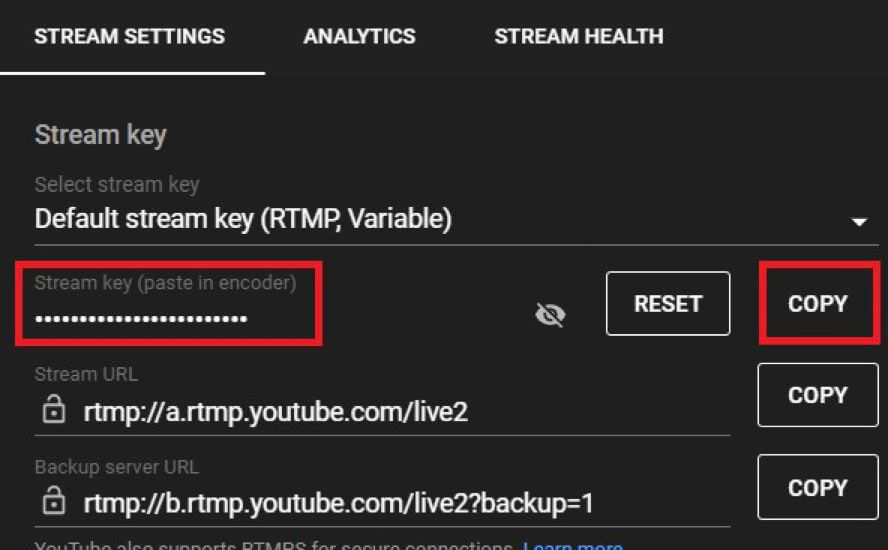 Screenshot showing your Stream Key on YouTube