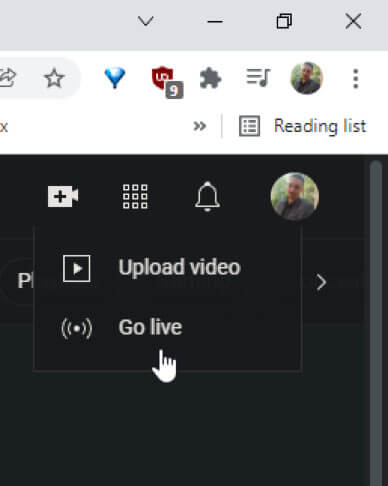Screenshot showing how to go live on YouTube