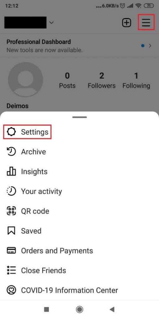 Screenshot of an Instagram Settings page.