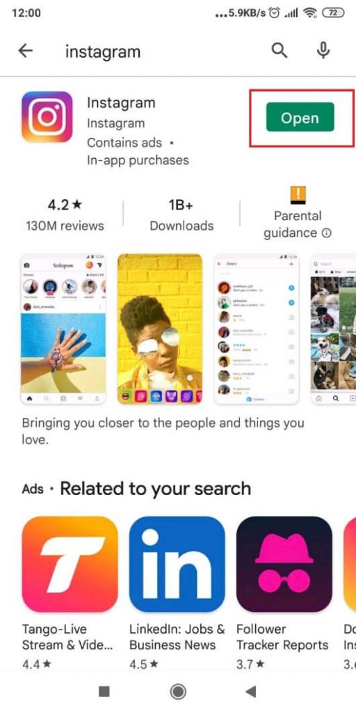 Screenshot showing how to open Instagram