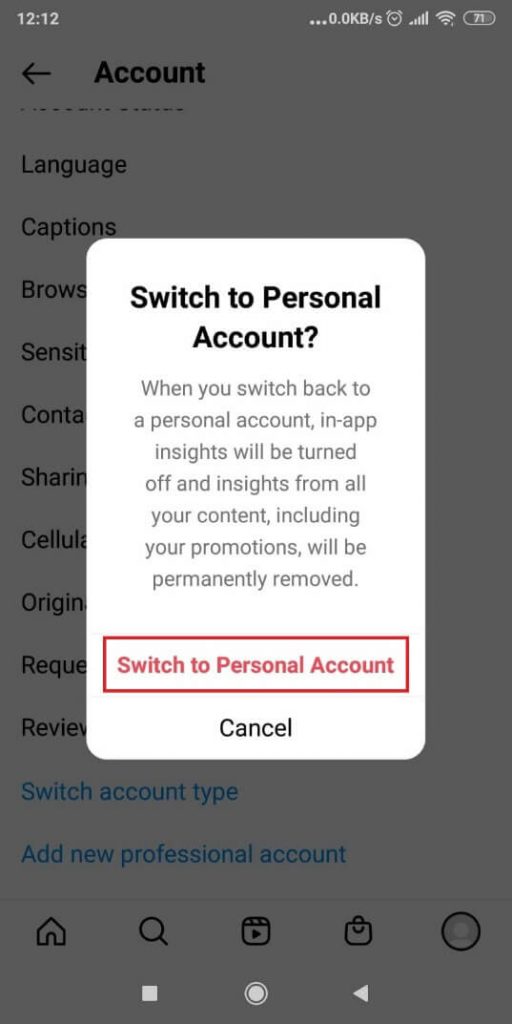 Switch to Personal Account on Instagram