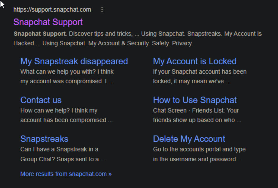 Google search results page showing a result for the search "Snapchat Support"